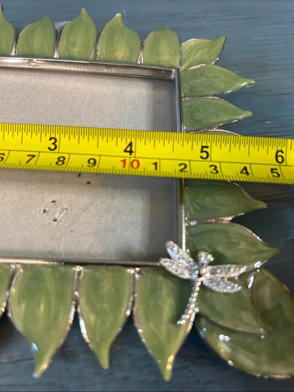 DSG Enamel Green Leaf Picture Frame with Silver Dragonfly Detail | 6x7” Inches